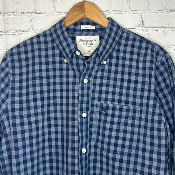 Abercrombie & Fitch Mens Blue Checked Long Sleeve Muscle Shirt size M Medium - Picture 2 of 5